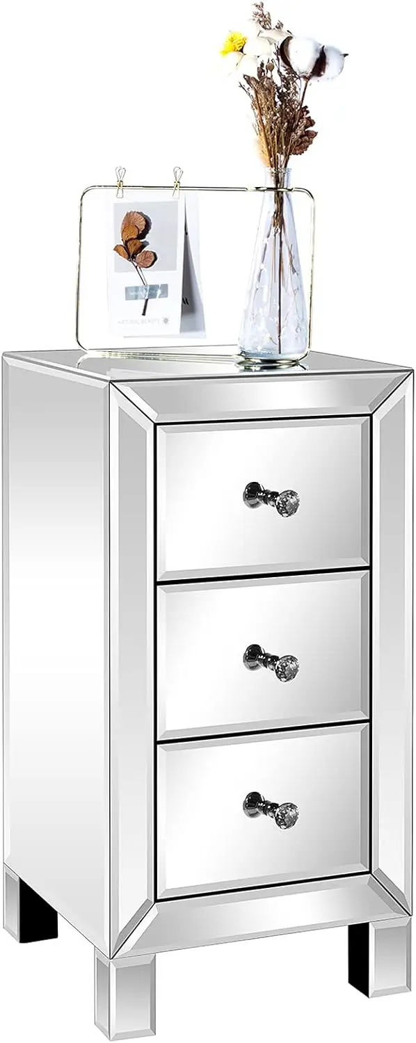 3-Drawer Mirrored Nightstand End Table Bedside Table for Bedroom Living Room Silver 11.7" L x 11.8" W x 23.8" H