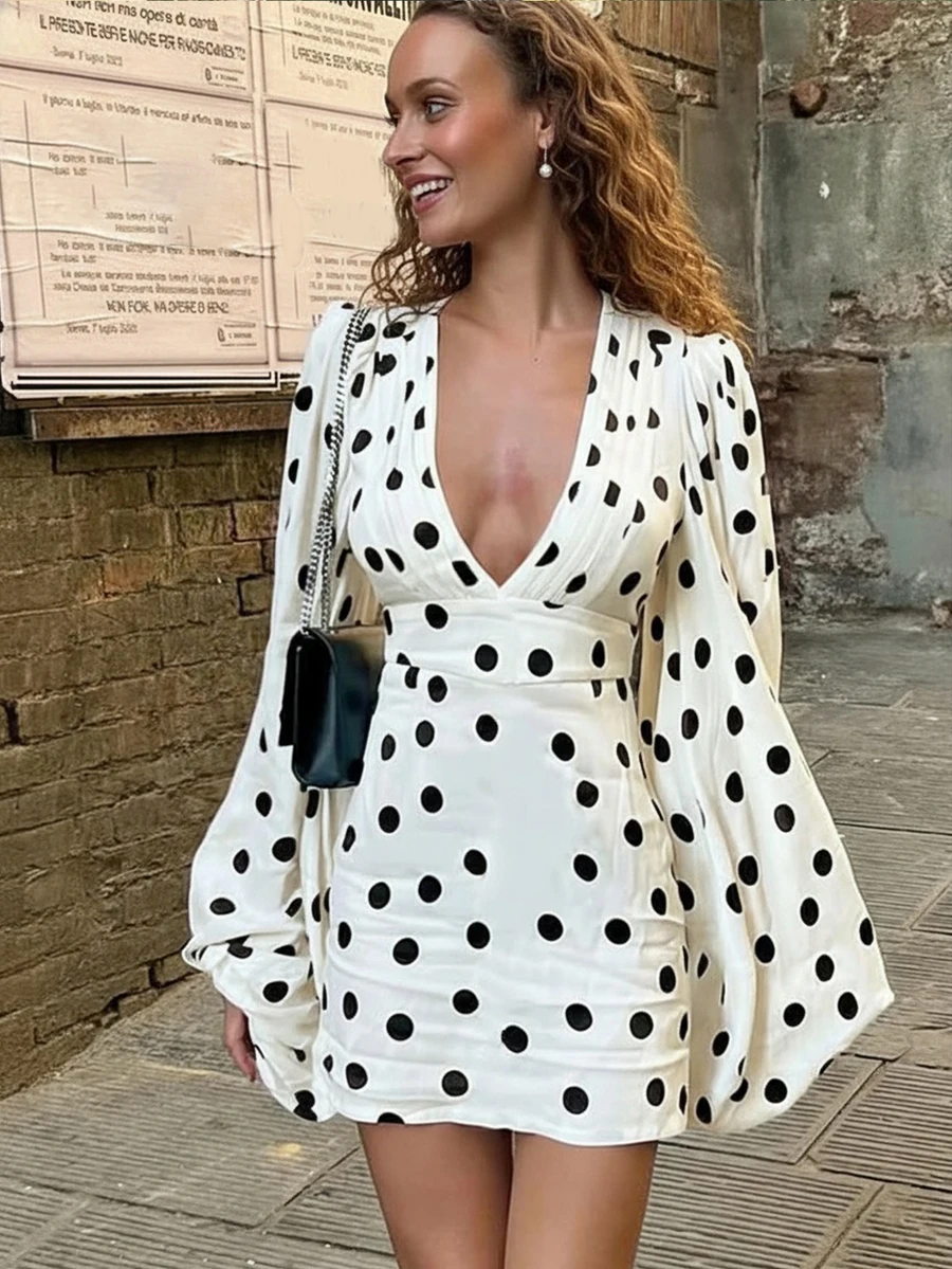 

Elegant Women Polka Dot Mini Dress Deep V-Neck Long Sleeve Belted Woven Casual Vacation
