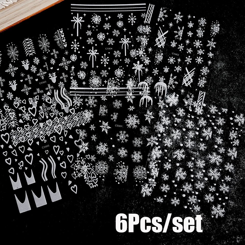 6Pcs/set Snowflake/Firework Embosses Nail Stickers 8*10cm New Year Snowflake Nail Decal 1*Set Winter White Snowflake Slider