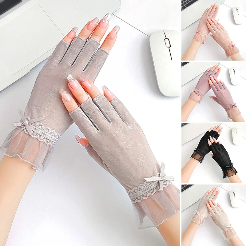 

Women Ice Silk Gloves Lace Thin Non-slip Half-Finger Gloves Summer Sunscreen Breathable Mesh Cycling Mitten Outdoor Accessories