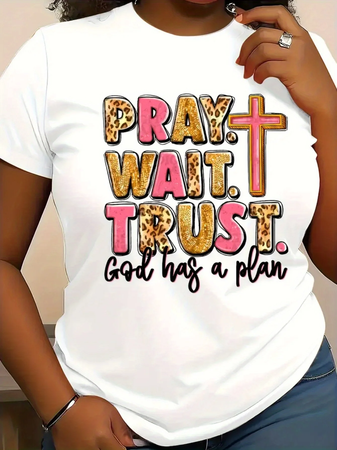 

Stylish Round Neck Short Sleeve T Shirt for Women in Plus Sizes Pray Wait Trust with Cross and Leopard Print Pattern