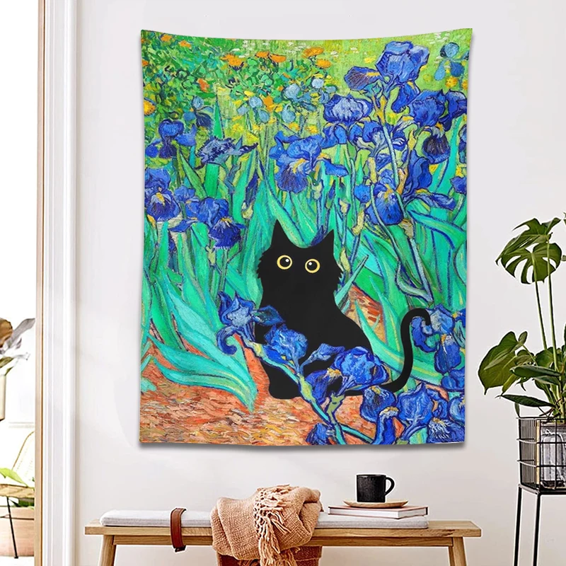 Tapiz de gato de Van Gogh Irises, pintura de gato negro, estampado Floral, divertido, regalo divertido, decoración del hogar, colgante de pared