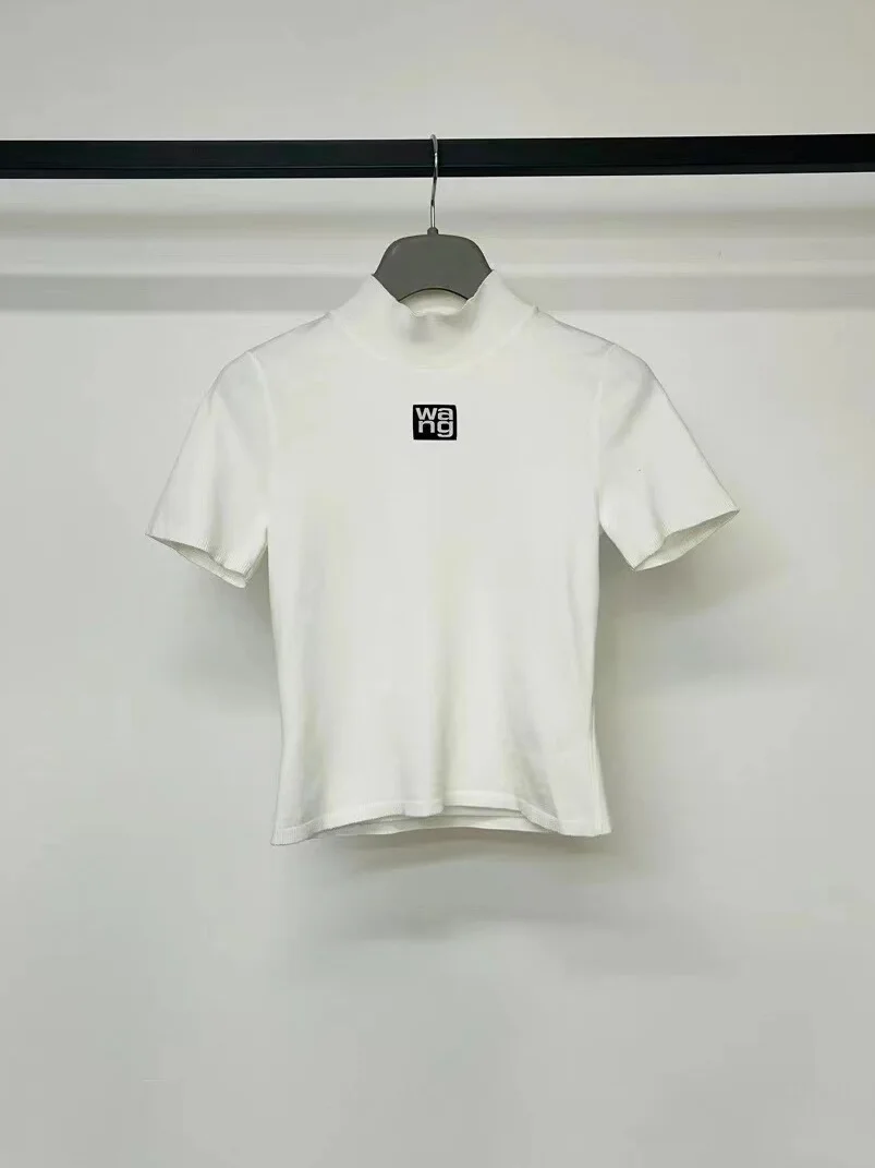 Spring 2025 New Sle Knitted ort Sve T-irt Letter Print f High Collar Slim Fit Pure Desire Sle Cotton Blend Top