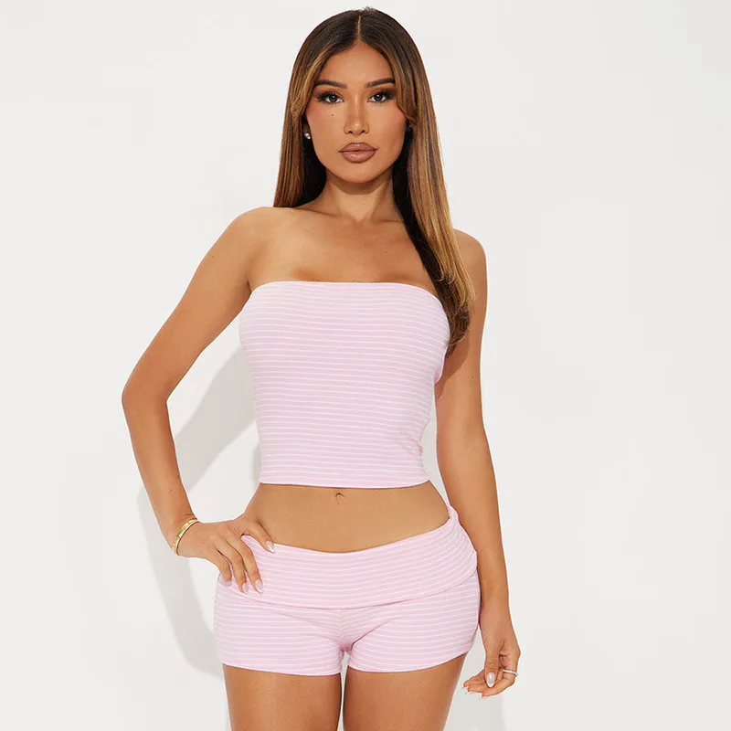 Women Sexy Striped Print 2 Piece Set Strapless Tube Crop Tops + Lapel High Waist Shorts Fashion Casual Streetwear Suits Clubwear