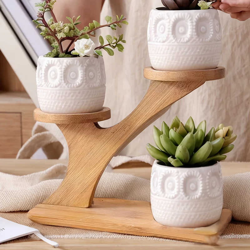 Multi-Tier Solid Wood Succulent Stand |   Adjustable Indoor Plant Shelf Organizer |   Rustic Ceramic Planter Display System |