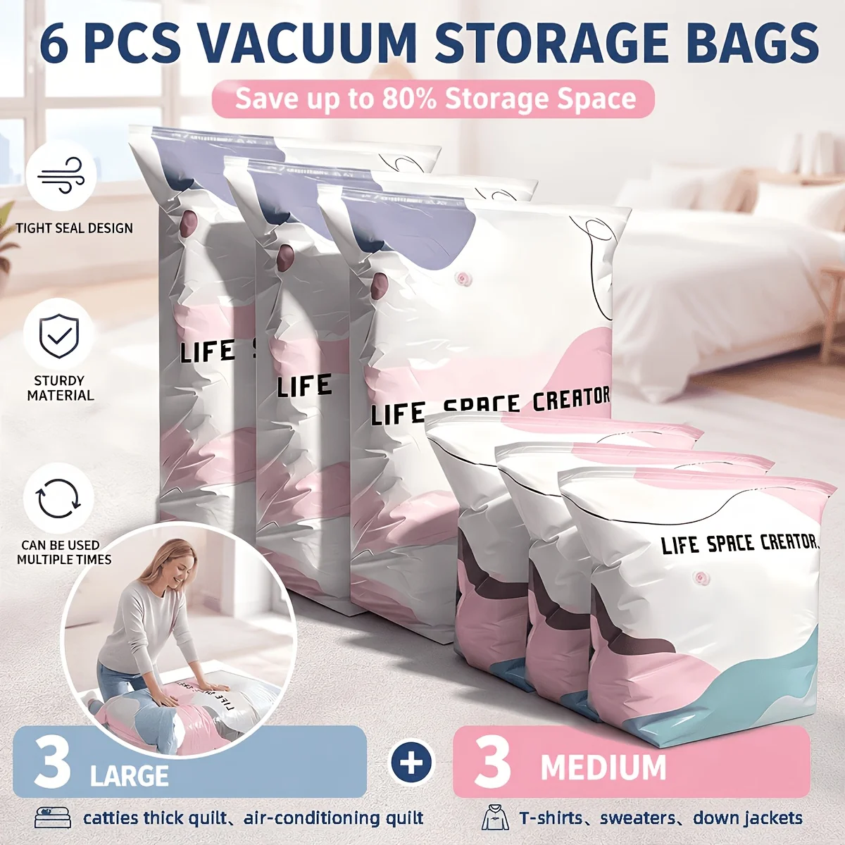 6-Pack Heavy Duty Pump-Free Vacuum Storage Bags, Press-Seal Space-Saving Compression Bags for Clothes, Blankets, Travel, Moving