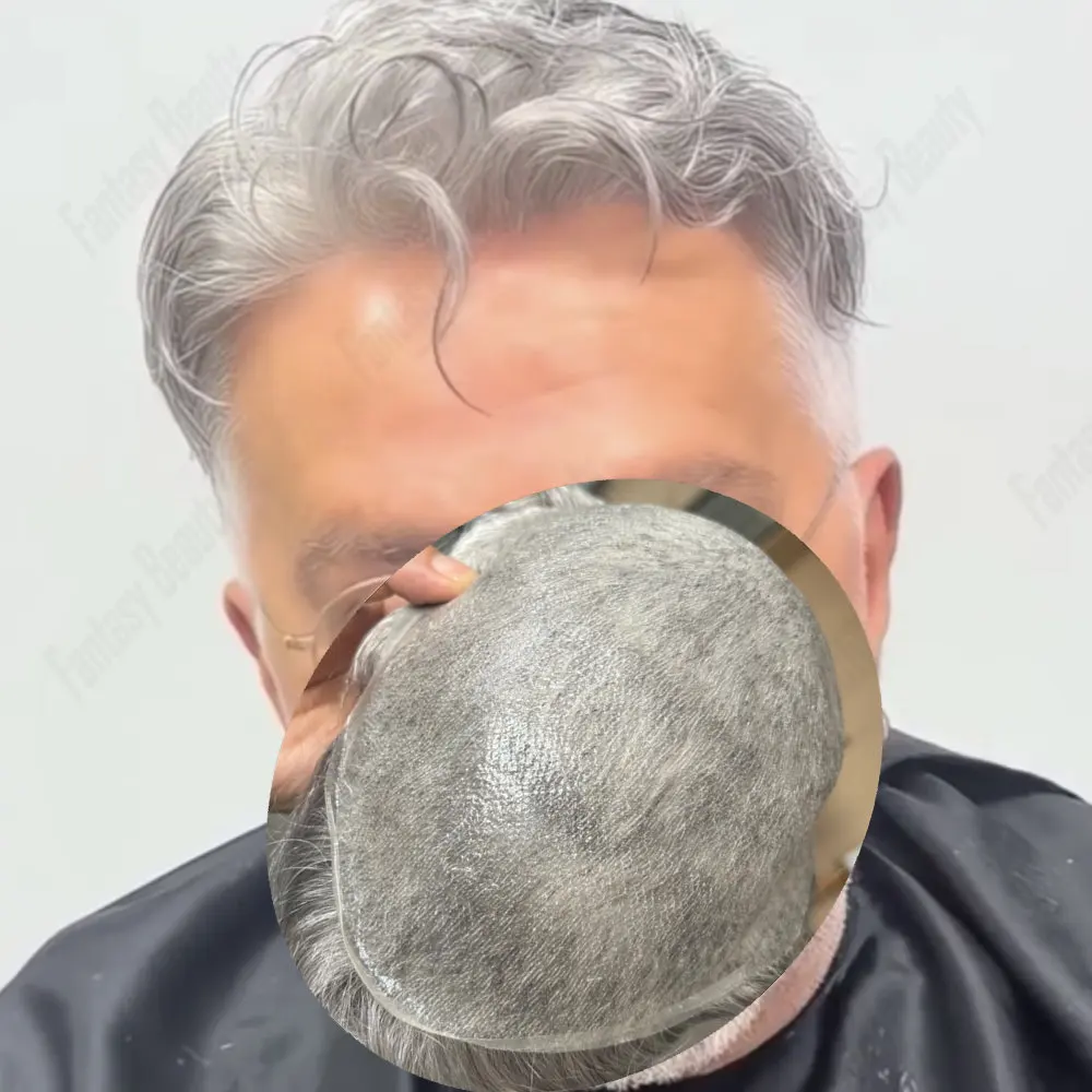 

Старинный мужской парик из ультратонкой кожи 0,02 мм 1B80 240 # Серо-русые человеческие волосы, естественная линия волос, необнаружимая система Microskin Vloop