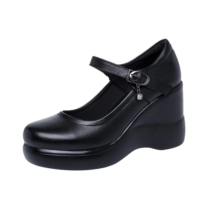 high quality leather wedge shoe for women 8cm high heel platform round toe 32 33 elegant fashion autumn winter shoe black white