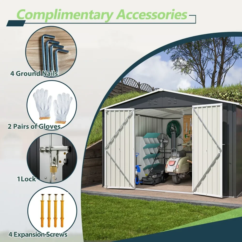 Outdoor Storage Shed 10x10 FT, Utility Metal Tool Storage with Lockable Doors and Updated Frame Structure
