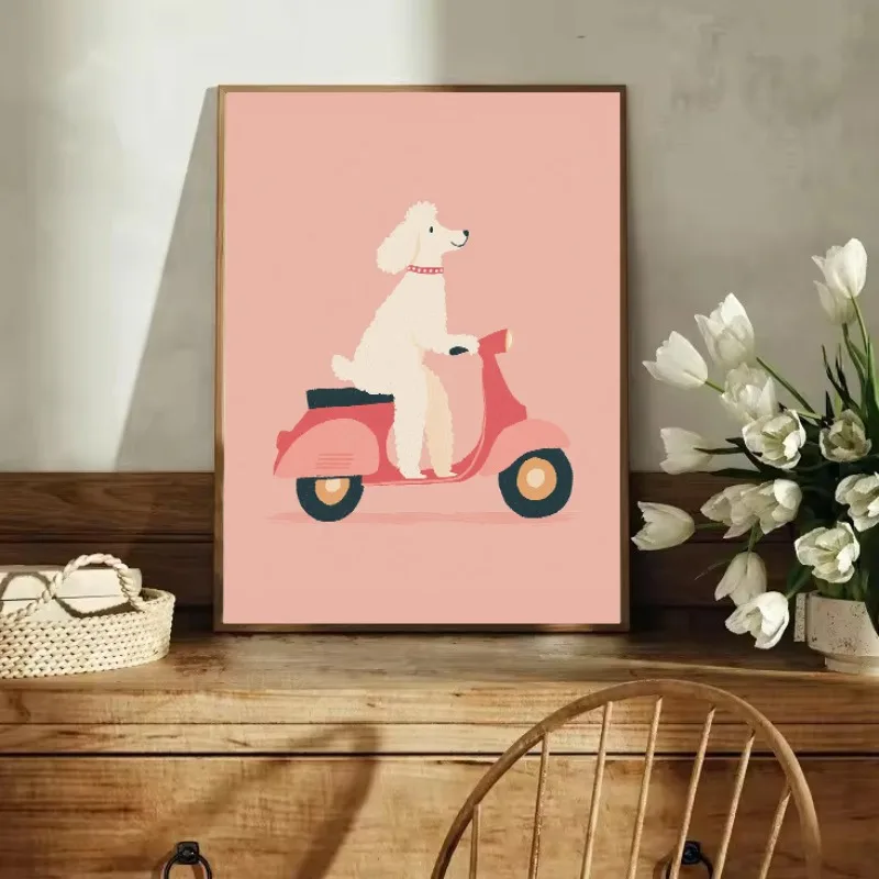 

Cute Goose Cat Poodle on Scooter Lamb Swan Poster Pink Canvas Painting Print for Kids Room Nursery Home Decor Cuadros