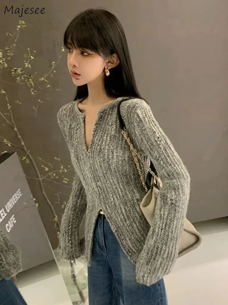 

Pullovers Women Fashion Design Slim Knitting Autumn Leisure Elegant Temperament Stylish Slit Daily Ladies V-neck Tender Simple