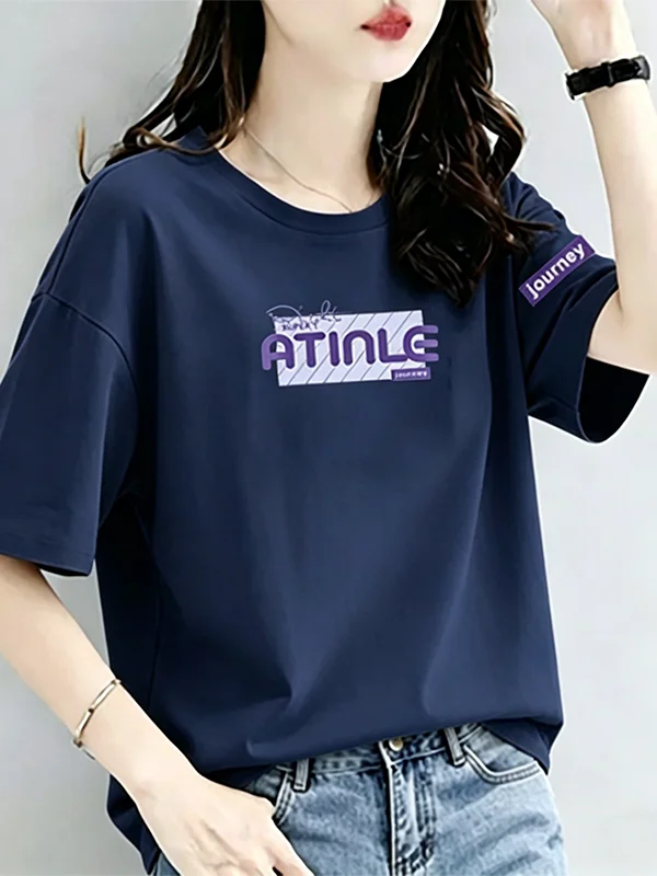 

Casual Fashionable Short Sleeve T-Shirt Women's Korean Style Base Shirt Top Breathable Standard Shoulder Print Polyester Fiber