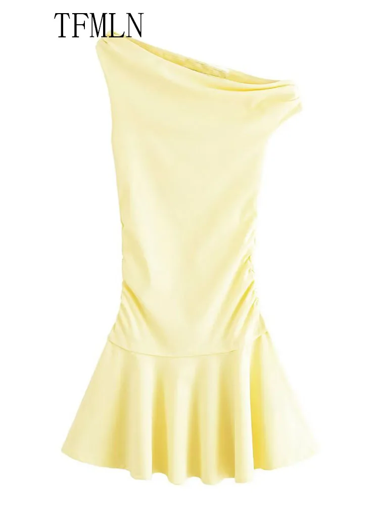 Tfmln 2025 feminino sólido assimétrico mini vestido de verão sem mangas gola diagonal causal vestido fino moda high street vestido