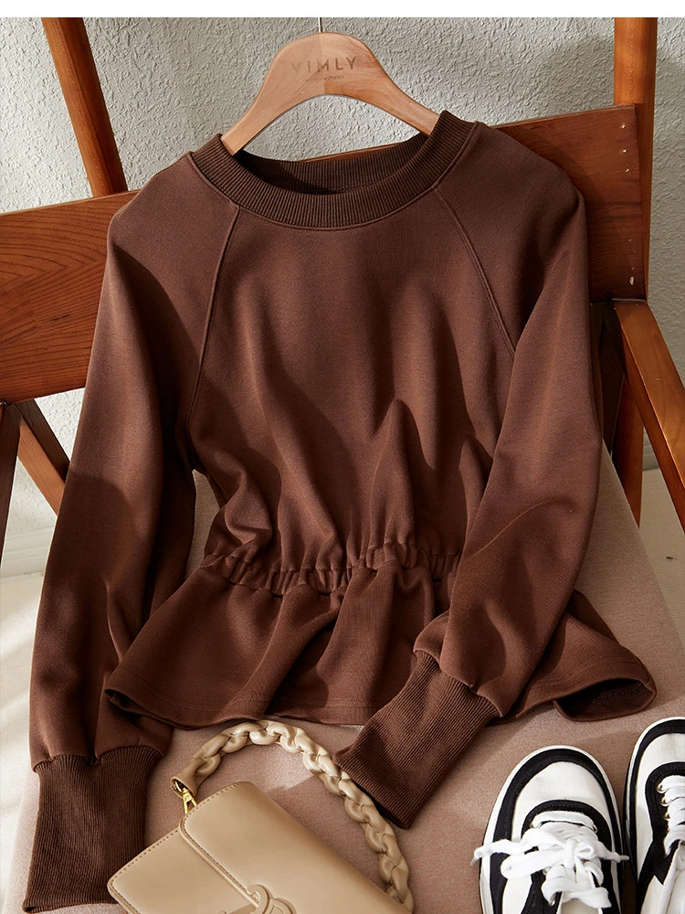 Vimly Round Neck Pullovers Peplum Sweatshirt Women 2023 Autumn Winter Fashion Coffee Long Sleeve Tops Female Clothing V3817