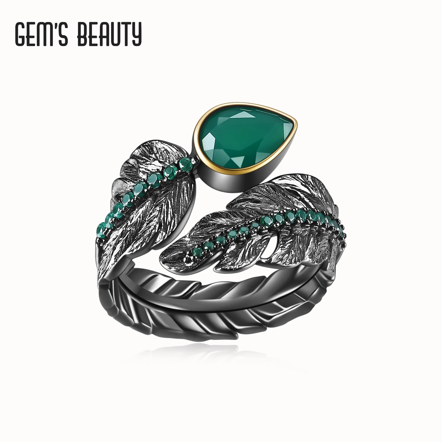 

GEM'S BEAUTY 925 Sterling Silver For Women Bypass Rings Natural Pear Cut Green Agate Handmade Feather Rings Romantic Gift