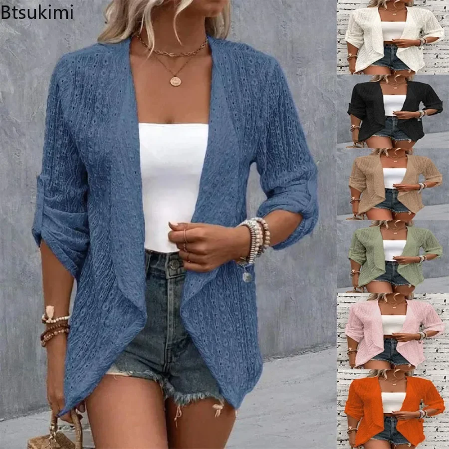 Primavera otoño suelto Casual mujeres sólido Cardigan Tops moda Jacquard suelto Casual abrigos finos 3/4 manga ahueca hacia fuera abrigos Mujer