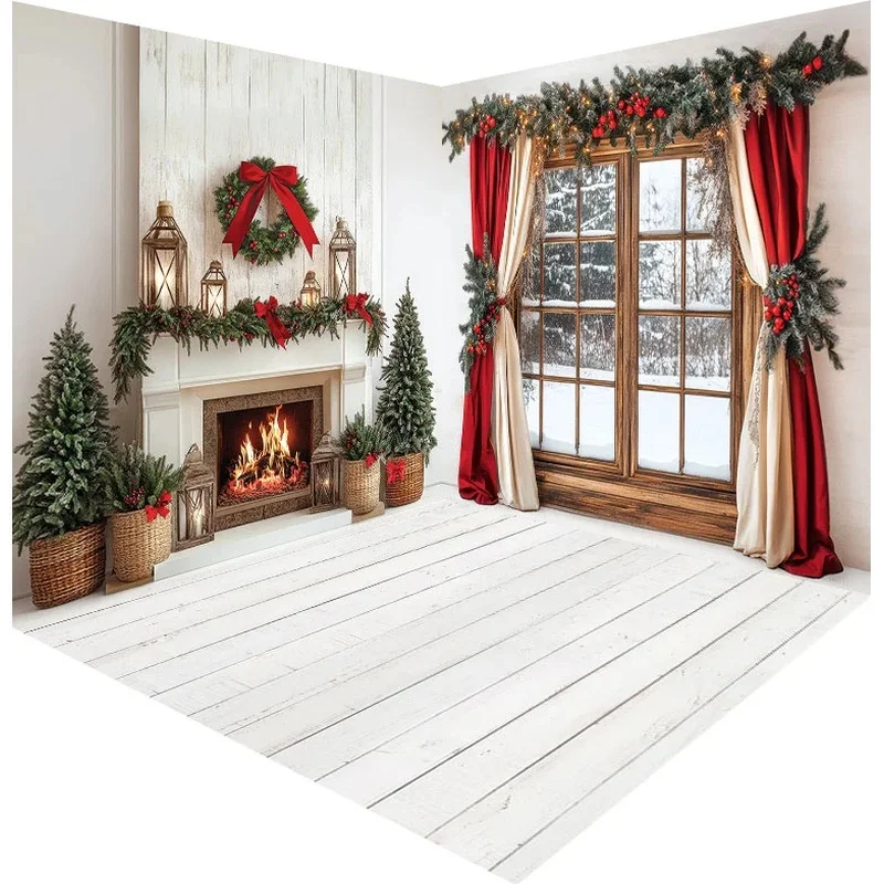 VIKAMA Christmas Fireplace Window Tapestry Winter Snow Scene Wall Hanging Xmas Home Party Background Decor