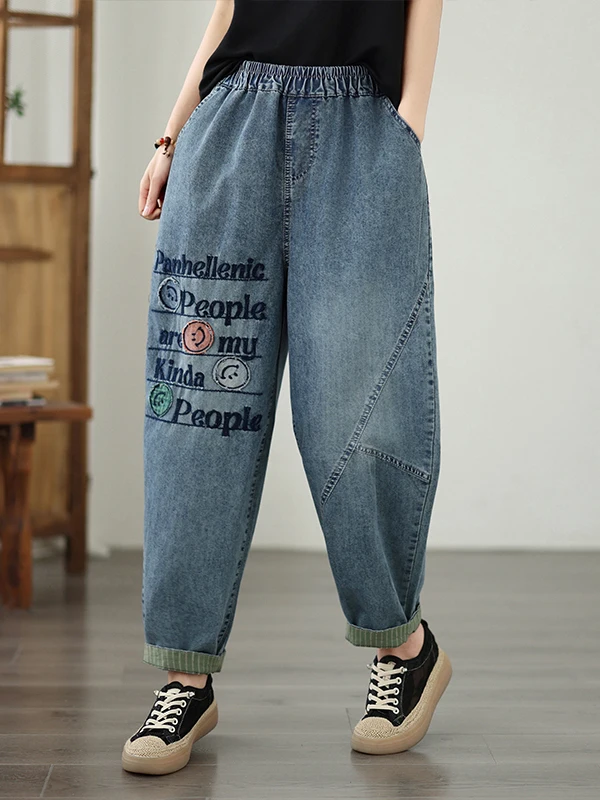 

Повседневные джинсы с вышивкой в стиле Харадзюку, женские модные художественные брюки-«папины штаны» свободного кроя с высокой талией из тонкого денима для весны, лета и осени