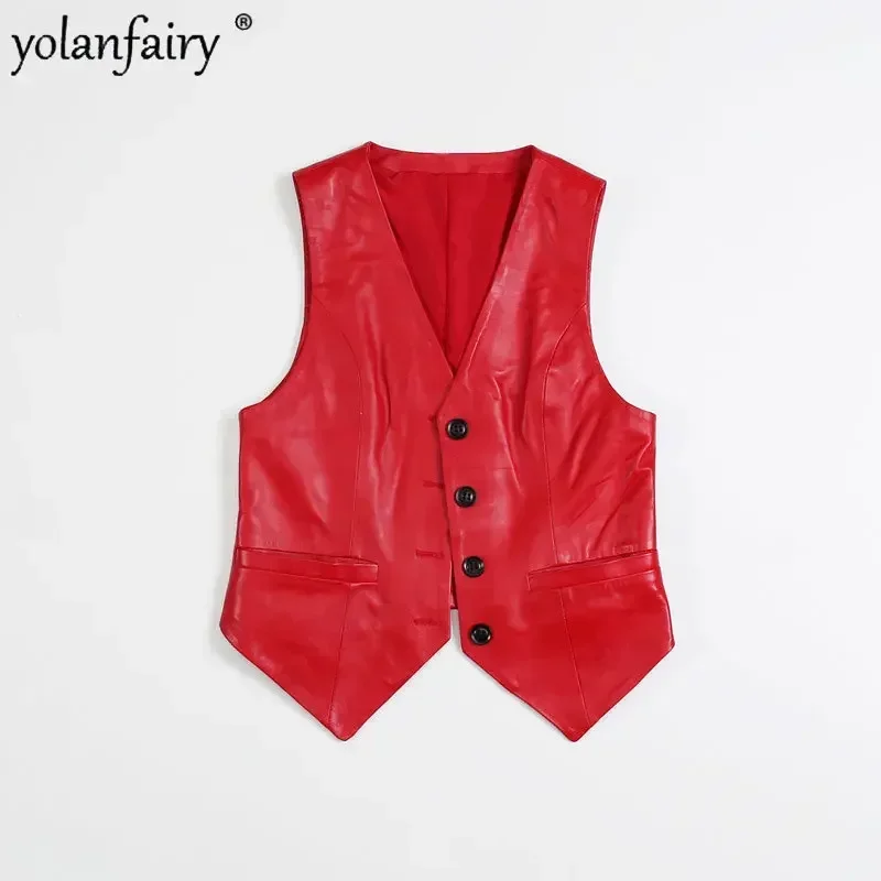 Genuine Leather Vest Women\'s Short Sheepskin Vest Sleeveless Leather Jacket Female V-neck Vest Single Breasted Motorcycle Trend