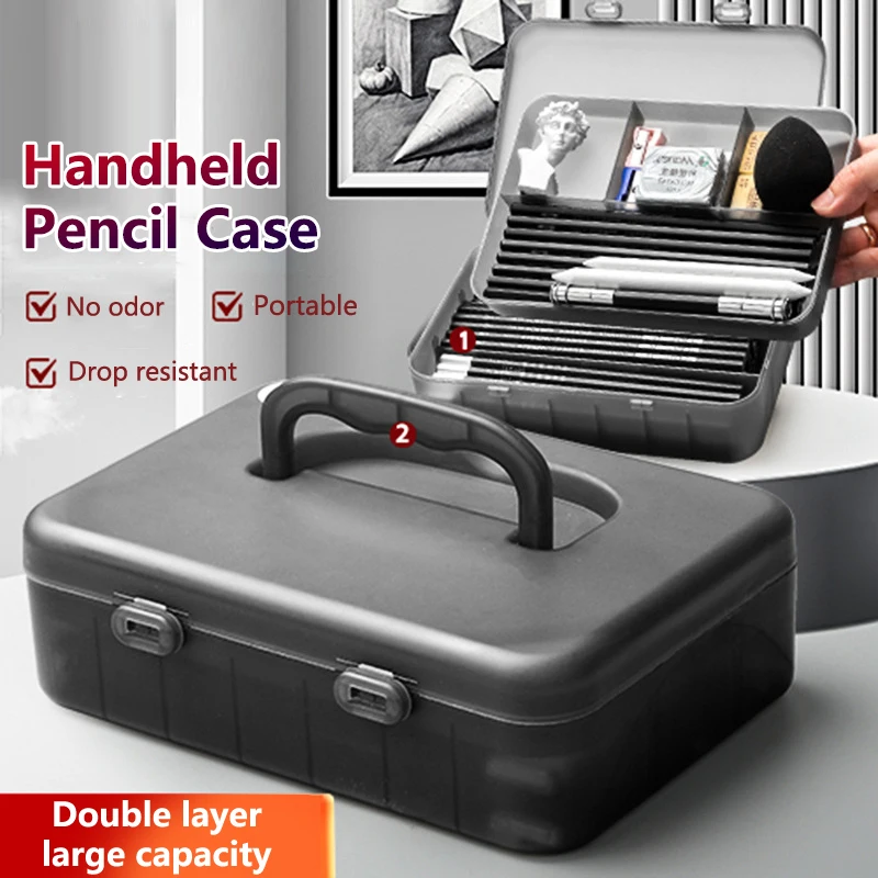 Portable Double-Layer Sketch Pen Box Thickened Art Student Special Pencil Storage Box Transparent Plastic Stationery Box