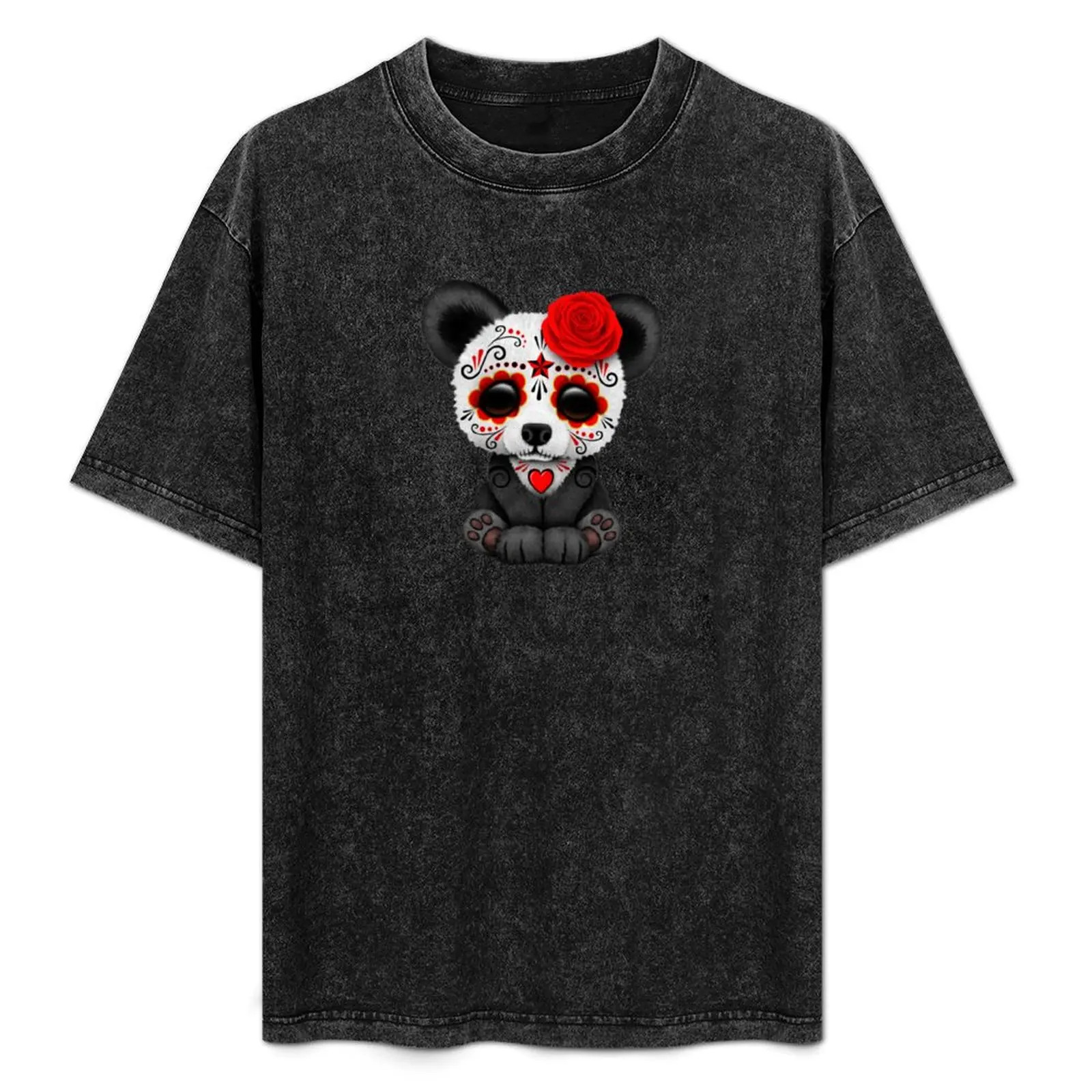 

Red Day of the Dead Sugar Skull Panda on Yellow T-Shirt T-shirts man oversizeds vintage men clothing