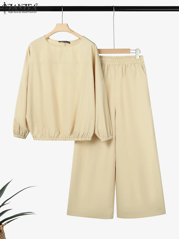 

2025 ZANZEA Solid Matching Sets Fashion Women Pant Sets Casual Long Sleeve Tops Wide Leg Trousers Suit 2PCS Work OL Outfits