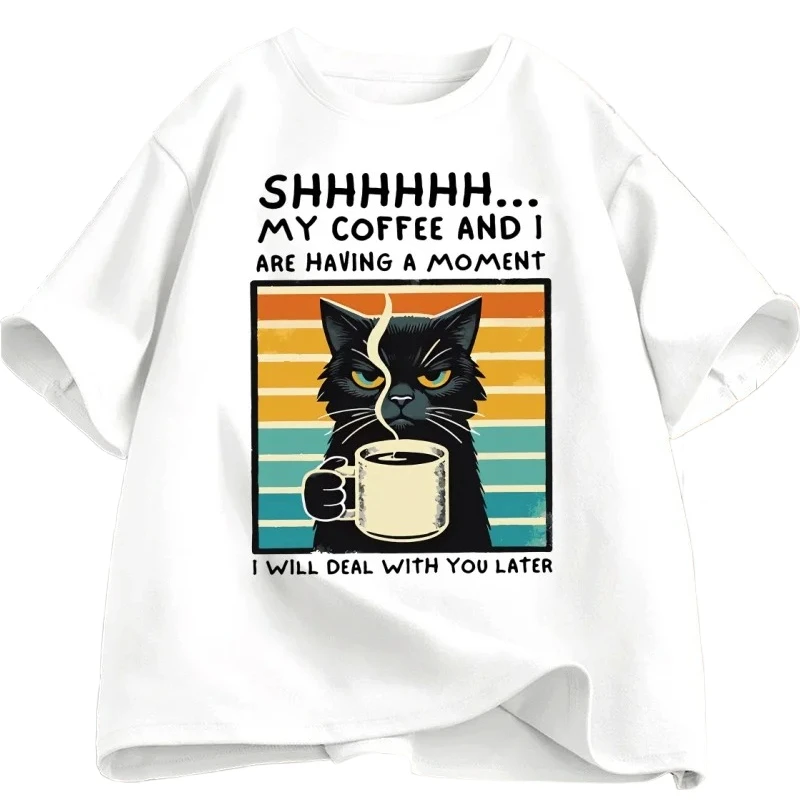 Funny Coffee Cat T-Shirt Summer Short Sleeve Cat Mama T Shirt Coffee Lover Tee Shirt Retro Cat T Shirt Women Clothes Personality