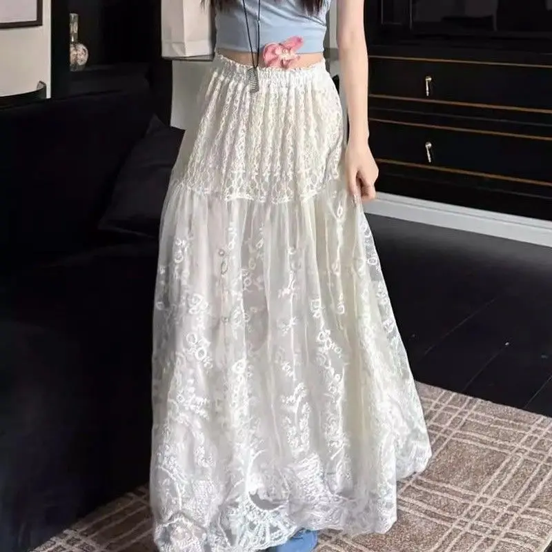 Elegant White Lace Half Skirt Women's Summer New Style Heavy Embroidery Hook Flower High Waist Slimming Midi Skirt
