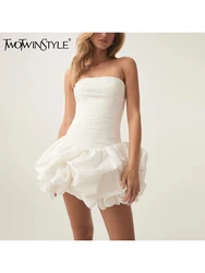 TWOTWINSTYLE Solid Spliced Ruffles Slimming Dresses For Women Slash Neck Sleeveless High Waist Mini Dress Female Fashion Style