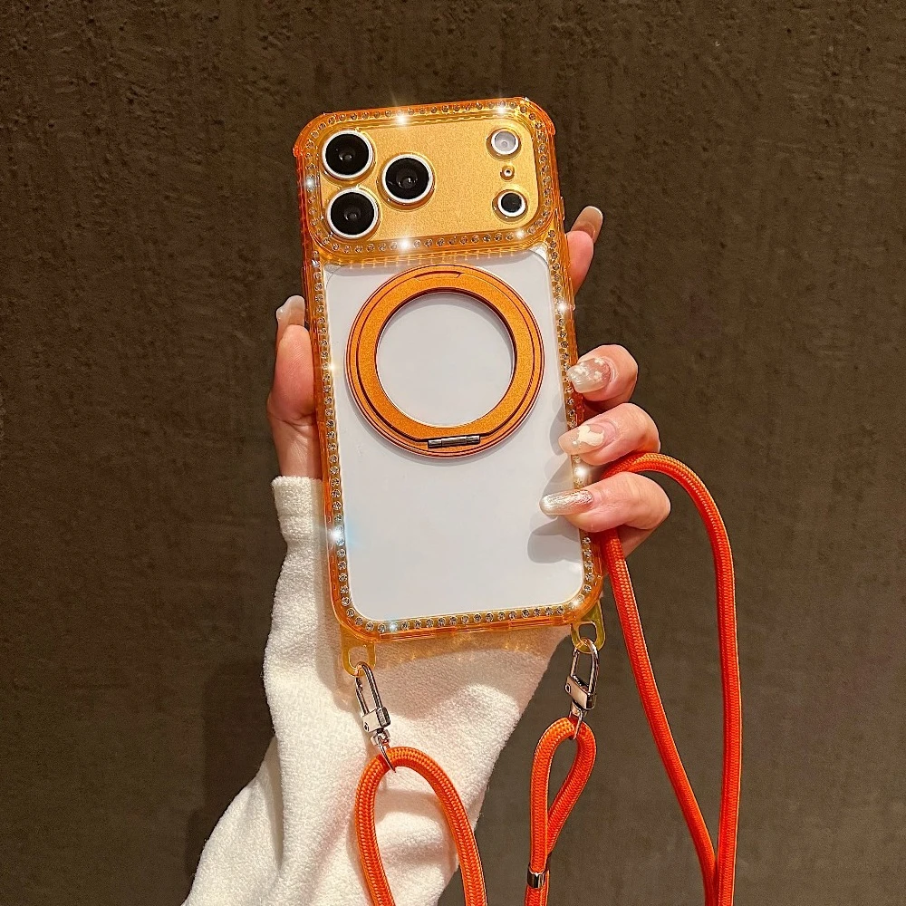 

For iPhone 17 Pro Max Case Luxury Rhinestone Magnetic Stand With Phone Strap Cover Shockproof Corner Design with iPhone 16