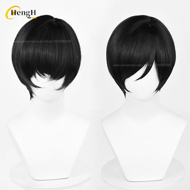 Ada Wong-Peruca Sintética Preta com Colar, Peruca Curta Anime, Cabelo Resistente ao Calor, Perucas de Festa, Boné, 30cm, Alta Qualidade