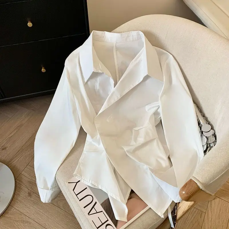 HKSH Spring Autumn New Women Shirt Long Sleeve Turn-down Collar Irregular Waist Cinching Solid Color Elegant Tide Blouse HK17221