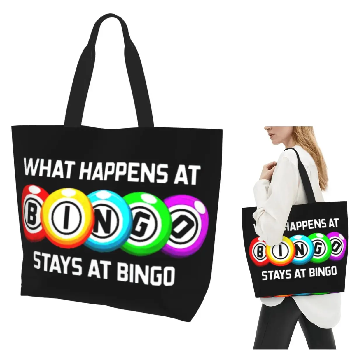 

What Happens At Bingo Shopping Tote Bag Canvas Large Capacity Shoulder Bags Shopper Grocery Handbag for Women