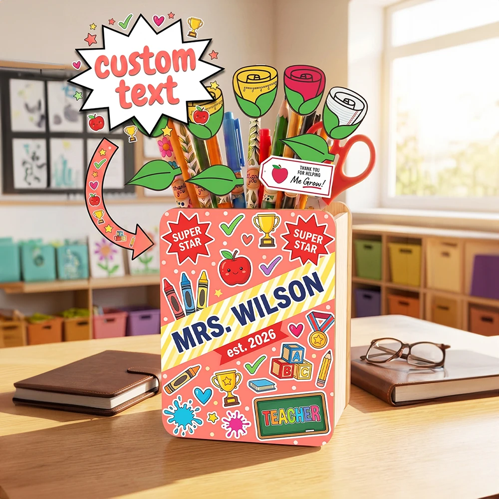 Custom Teacher Name Wood Pencil Organizer,Desktop Stationery Storage Holder,Back‑to‑School Thank‑You Gift,Tabletop Ornament