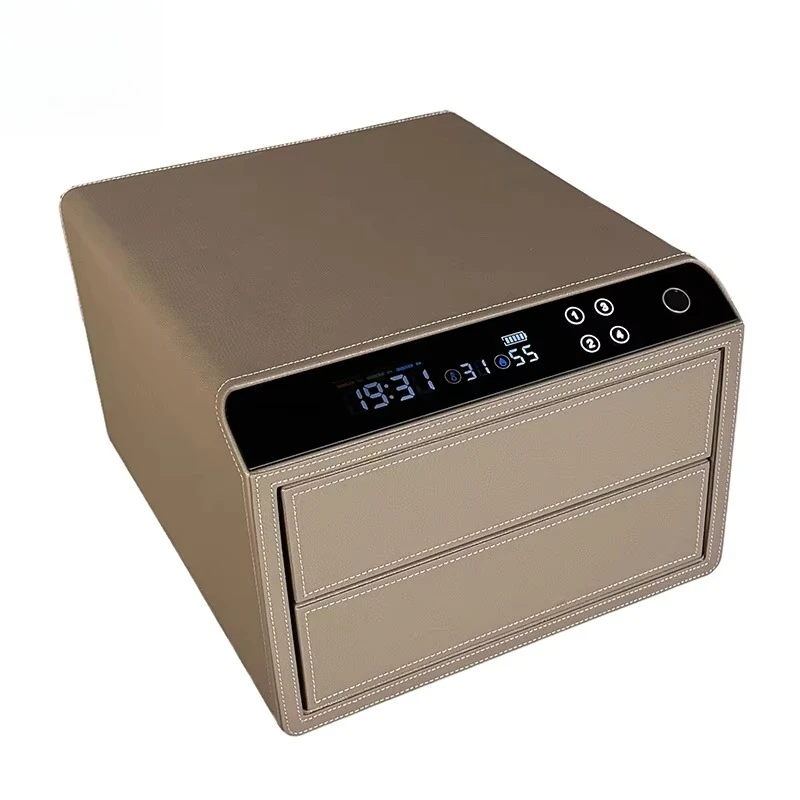 

Double Layer Orange Leather Jewelry Safe Home Smart Fingerprint Safe Office File Storage Safe