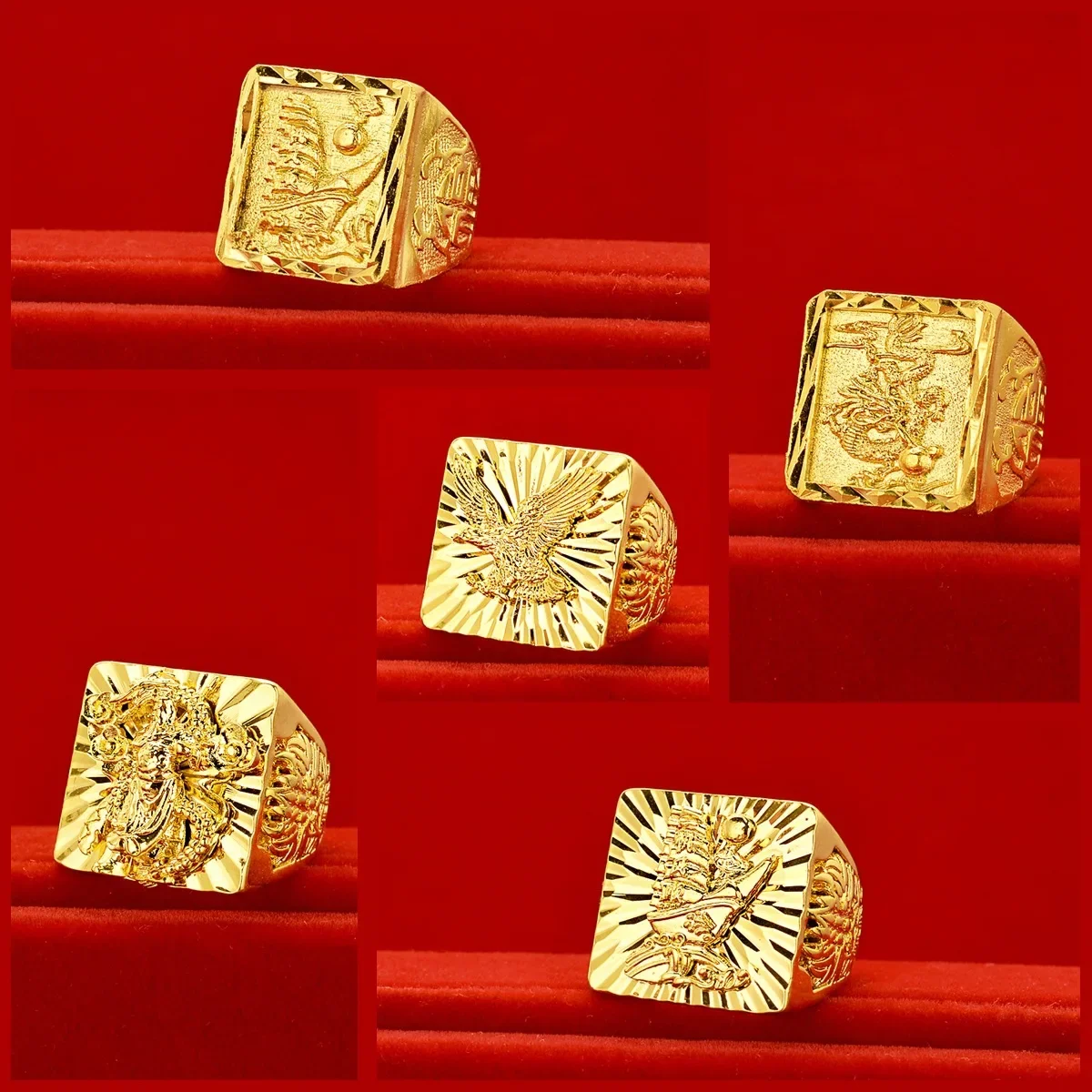 

Real 999 Men's 24K Gold Domineering Dragon Ring Solid Guan Yu Men's Ring Gold Sailing Eagle Live Mouth Ring Fine Jewelry Gift