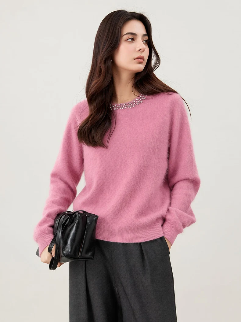 SuyaDream, Women Brushed Wool Sweater, Rhinestone Trimmed Crew Neck, Elegant Knitted Pullover for Autumn Winter