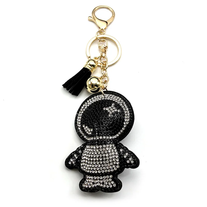 Luxus Cartoon Astronaut Quaste Glocke Schlüssel Ring für Frauen Männer Voller Strass Legierung Gold Farbe Tasche Anhänger Schlüssel Kette Schmuck