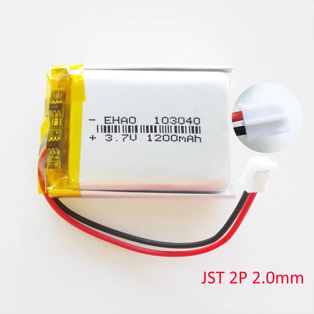 103040 Akumulator litowo-polimerowy 3,7 V 1200 mAh + wtyczka JST PH 2,0 mm 2pin do MP3 GPS DVD Rejestrator Zestaw słuchawkowy Kamera