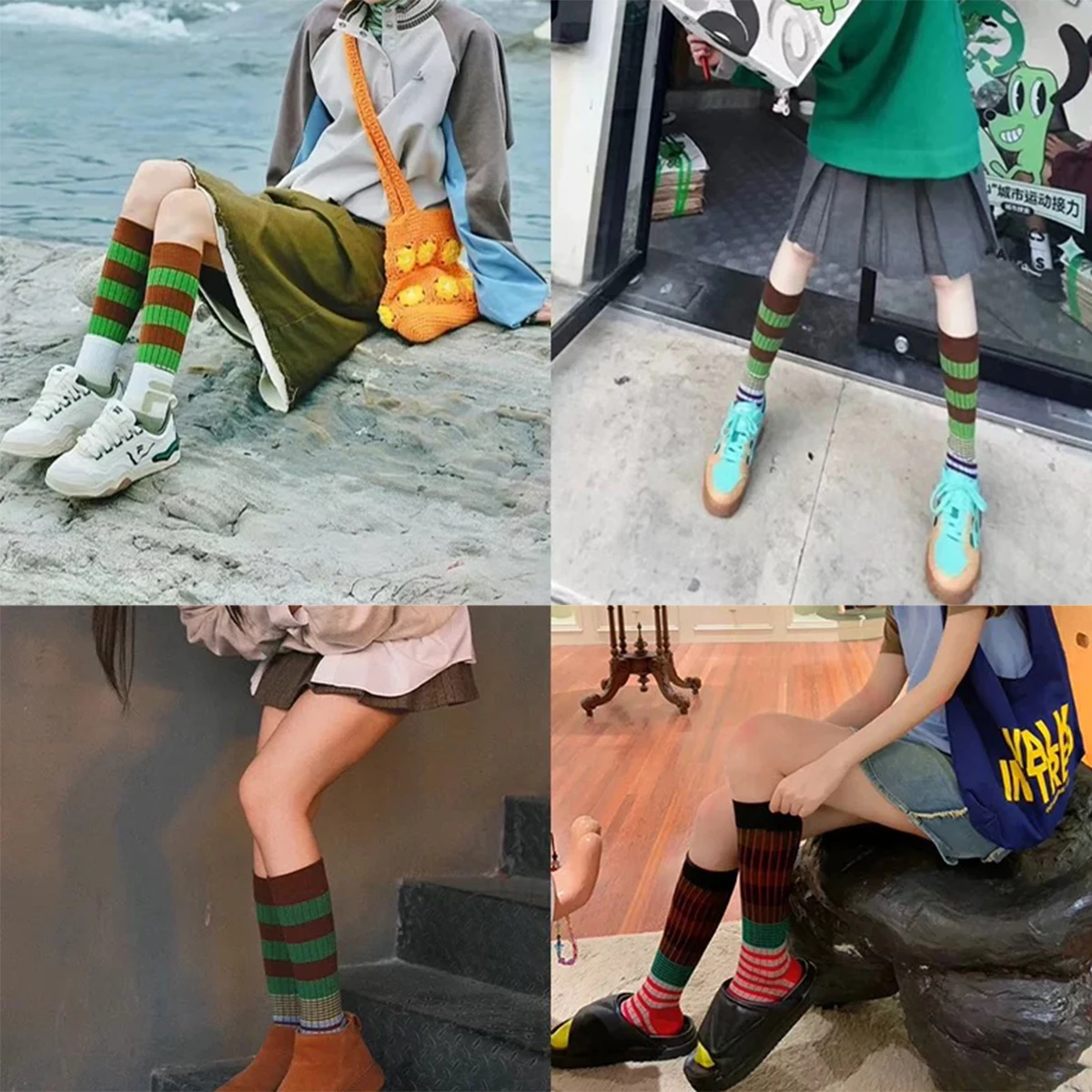 Autumn Winter Ins Fashion for Woman Gradient Striped Colorful Retro Calf Socks Cotton High Tube Soft Sport Women\'s Casual Socks