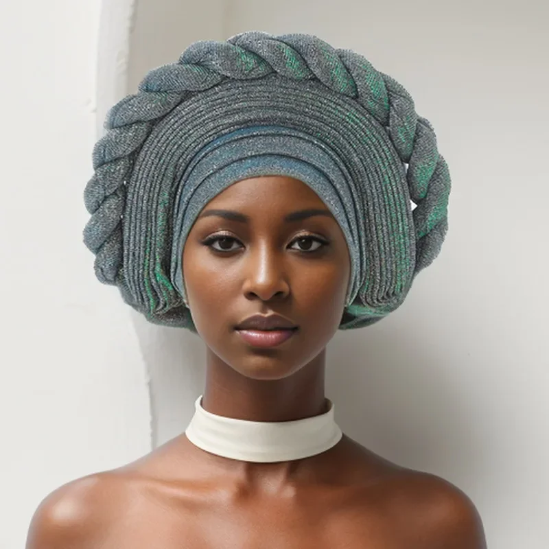 

Pre-Tied Africa Braid Aso Oke Auto Gele Headtie Already Made Nigerian Turbans for Women African Head Wrap Bonnet for Party 1Set