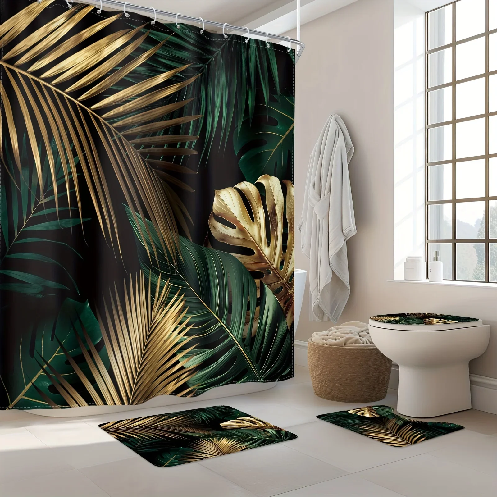 

Набор из 4 предметов для ванной комнаты — набор занавесок для душа в богемном стиле середины века с крючками, нескользящий напольный коврик для ванной комнаты, U-образный коврик для унитаза