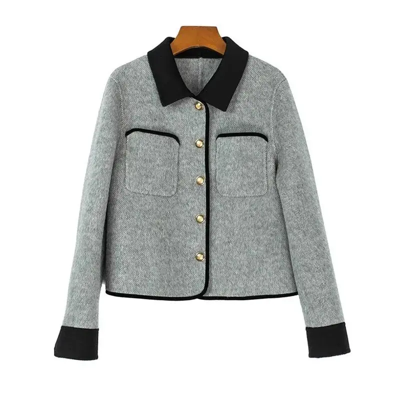 2025ฤดูใบไม้ร่วง/ฤดูหนาวใหม่ลมหอมขนาดเล็กสองด้านCashmere Coatผู้หญิงสั้นปุ่มทองภาษาฝรั่งเศสคําสีเทาเสื้อขนสัตว์หญิง