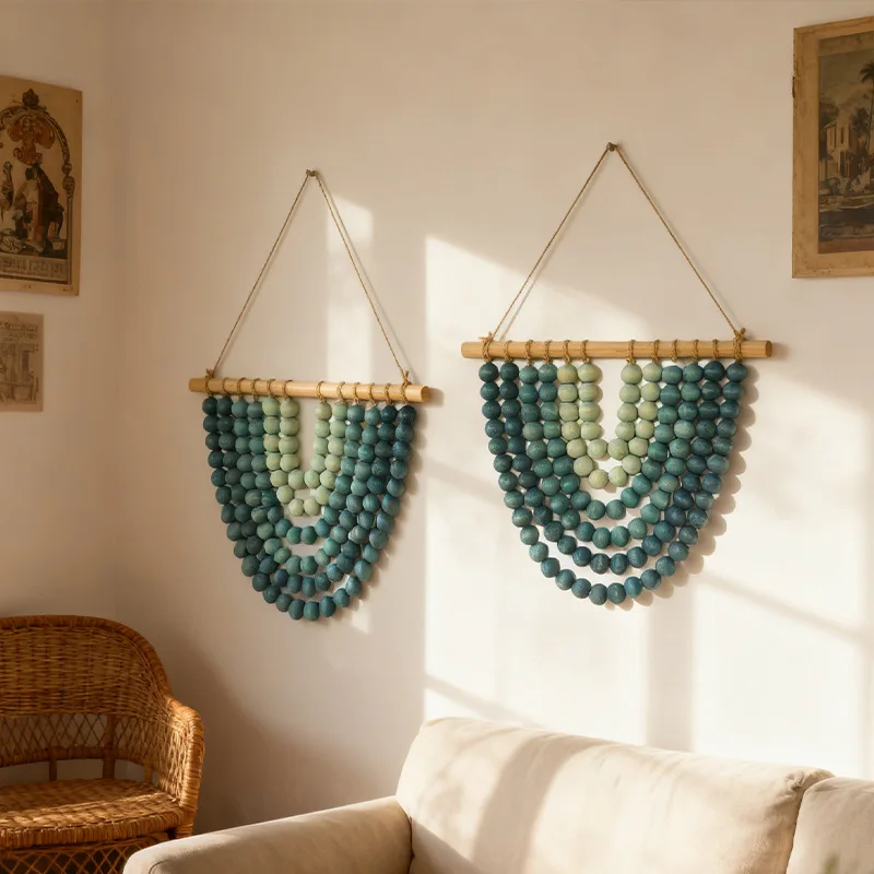 Wood Beaded Wall Hanging Gradient Color Wooden Bead Tassel Wall Decor Boho Home Wall Art for Bedroom Living Room