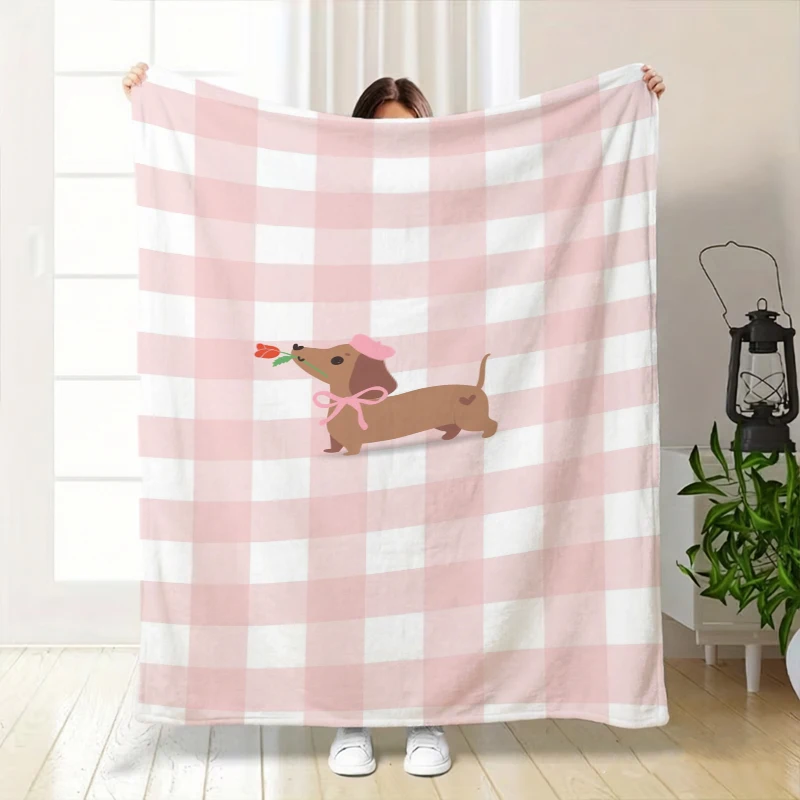 Pink White Checkered Dachshund With Hat Flower Fleece Blanket For Elegant Bedroom Decor Lightweight Plush Throw Blanket Cover