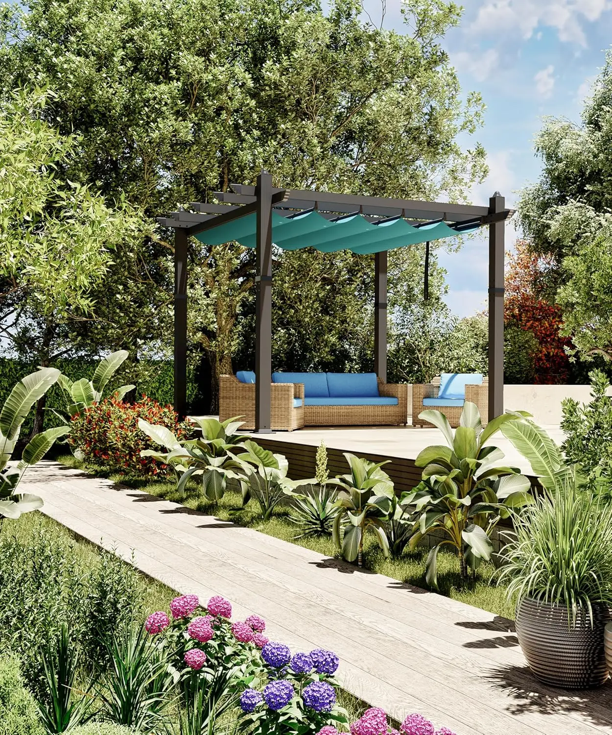 

10x10 Ft Outdoor Pergola Heavy Duty Aluminum Patio Pergolas and Gazebos Clearance with Retractable Canopy Sun Shade UV Resistant