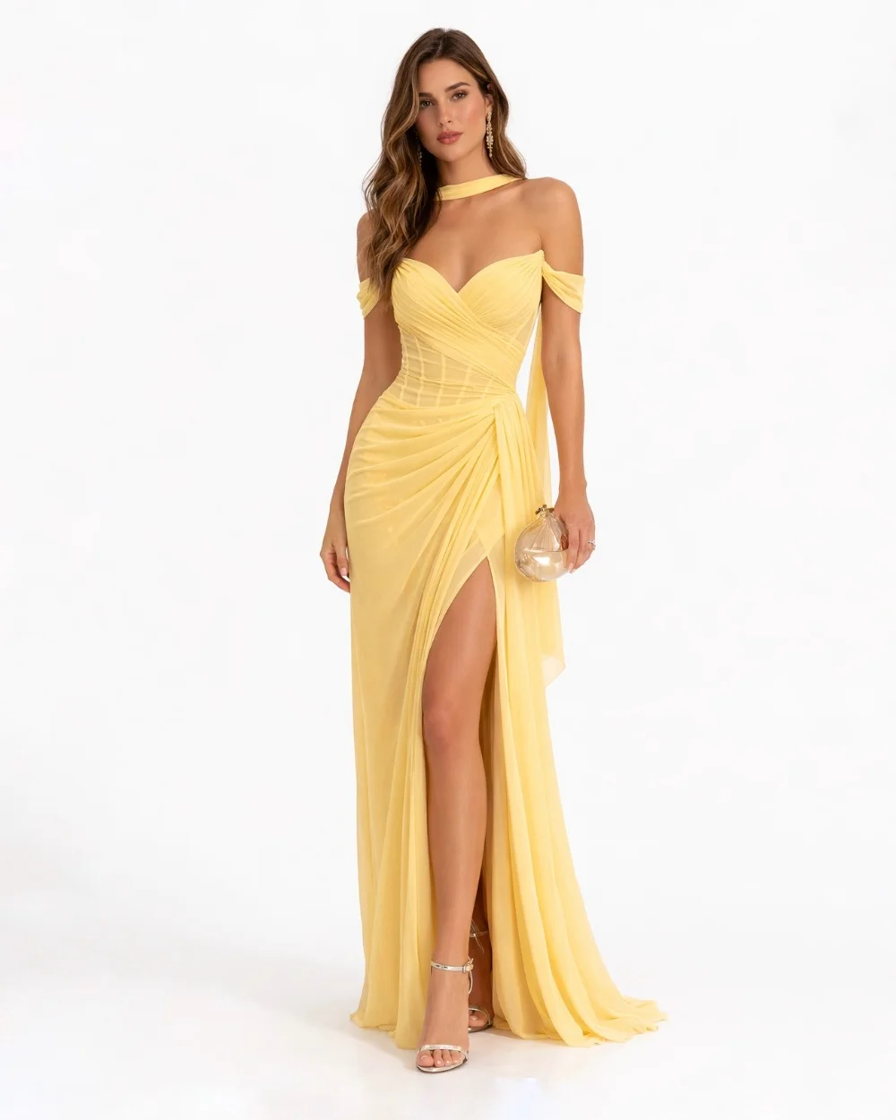 Customized Sexy Simple Chiffon Yellow Pleat Ruched Mermaid Off-the-shoulder Floor-Length Evening Dresses Casual