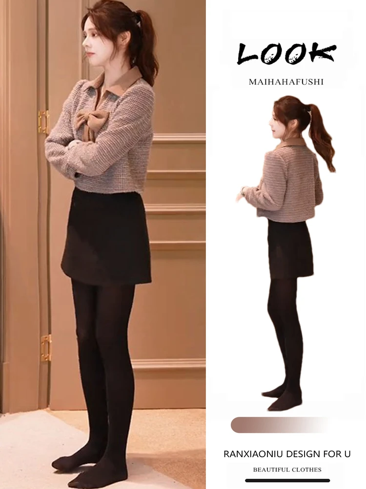 

Ele Retro Color Blo Tie Detail Women's Faion Set High Waist Skirt Long Sve irt Two Piece Suit Autumn Winter
