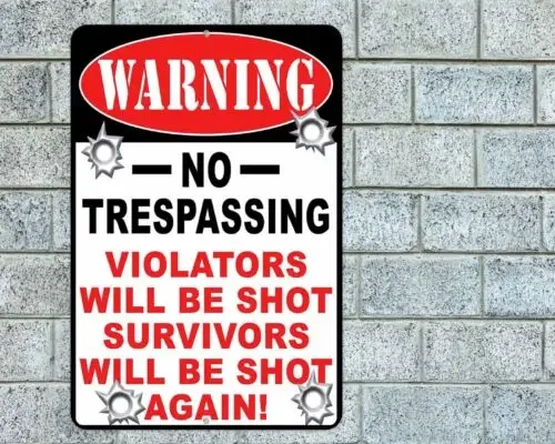 （2D Tin painting）Warning No Trespassing Violators Will Be Shot Sign Aluminum Metal 8x12-Aluminum
