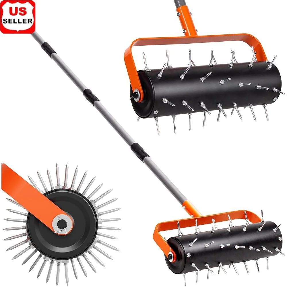 

Heavy Duty Lawn Aerator Manual Tool 42 Spike Rolling Aerator with Adjustable Handle Durable Steel Construction Lawn Health and